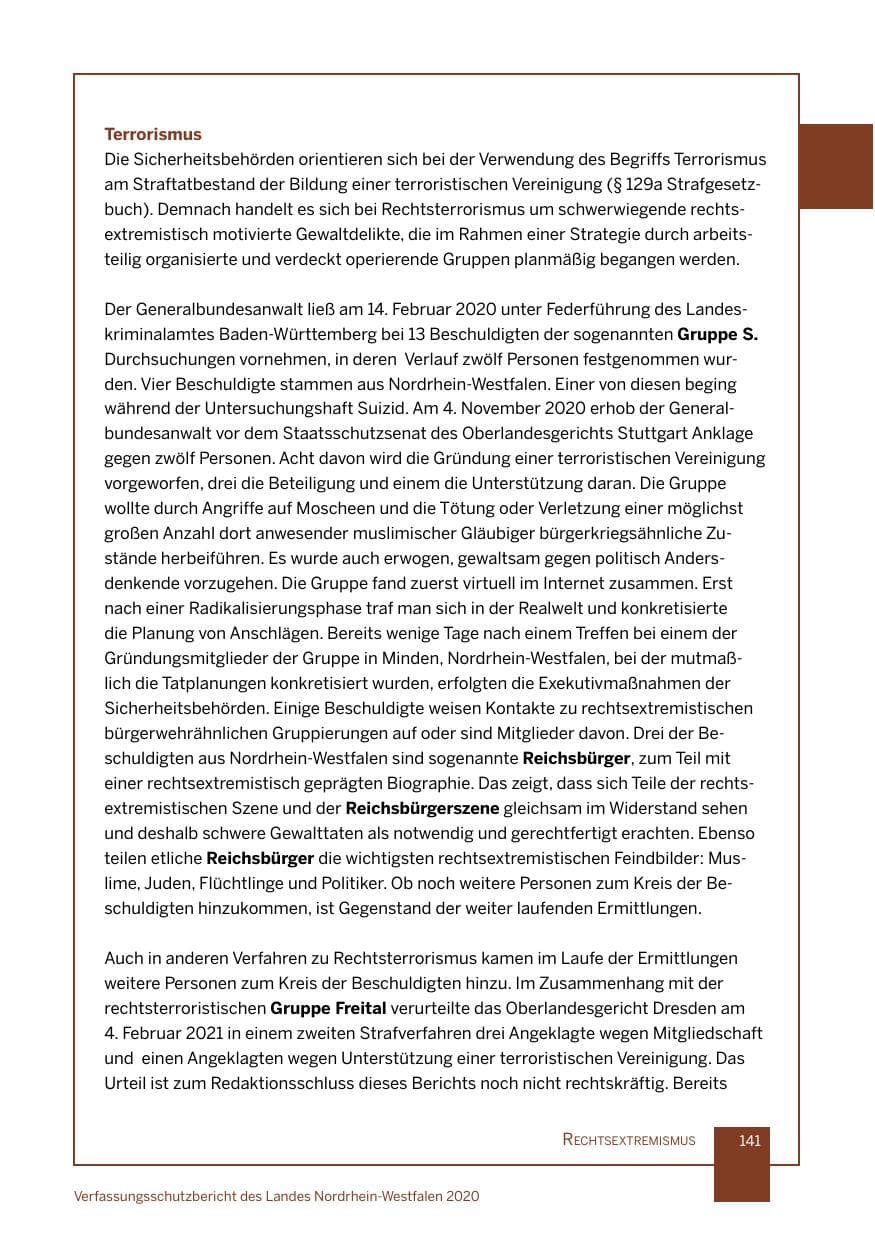 Seite 142 des Verfassungsschutzbericht 2020 Nordrhein-Westfalen