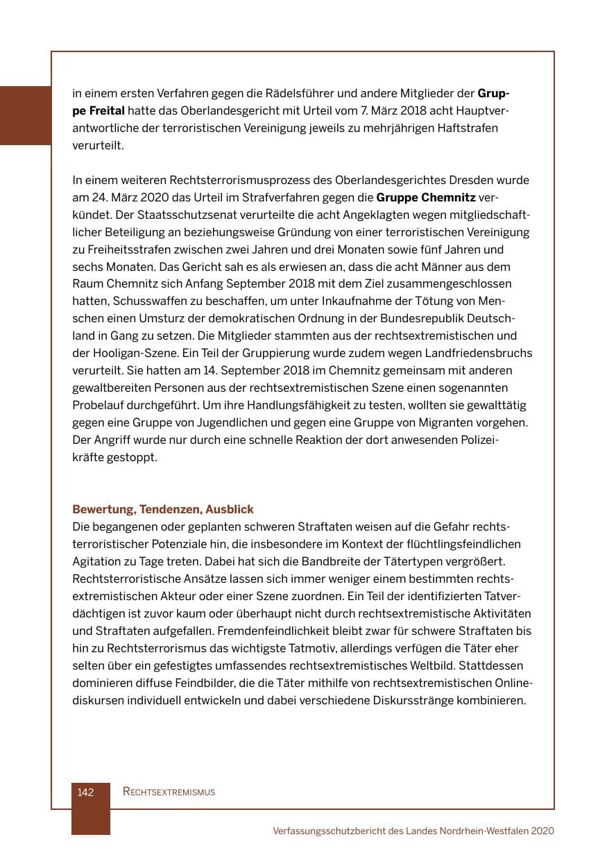 Seite 143 des Verfassungsschutzbericht 2020 Nordrhein-Westfalen