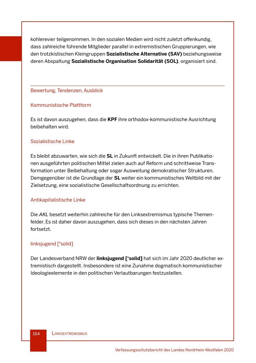 Seite 165 des Verfassungsschutzbericht 2020 Nordrhein-Westfalen