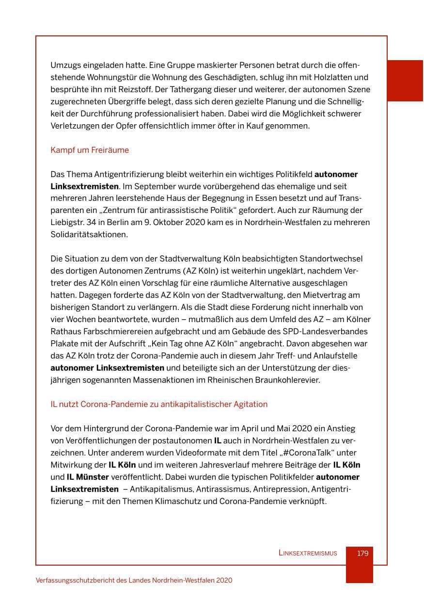 Seite 180 des Verfassungsschutzbericht 2020 Nordrhein-Westfalen