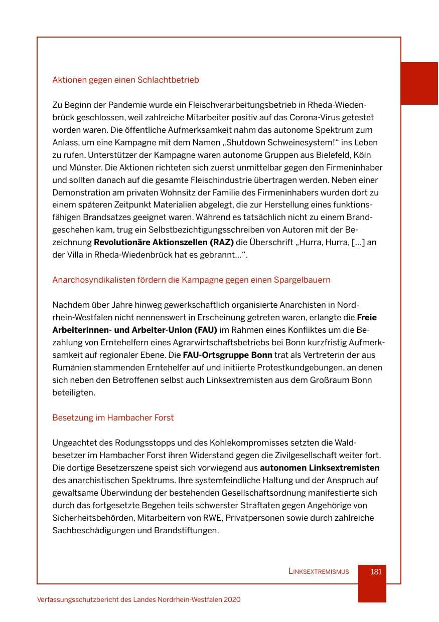 Seite 182 des Verfassungsschutzbericht 2020 Nordrhein-Westfalen