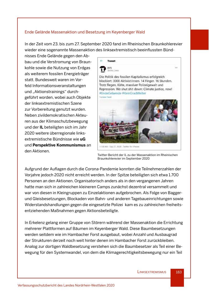 Seite 184 des Verfassungsschutzbericht 2020 Nordrhein-Westfalen