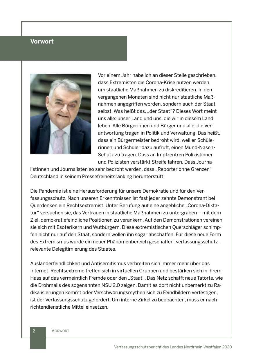 Seite 3 des Verfassungsschutzbericht 2020 Nordrhein-Westfalen