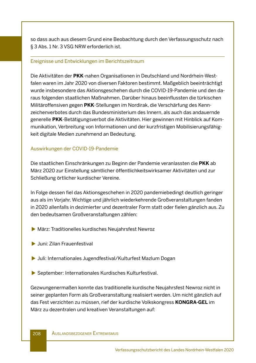 Seite 209 des Verfassungsschutzbericht 2020 Nordrhein-Westfalen