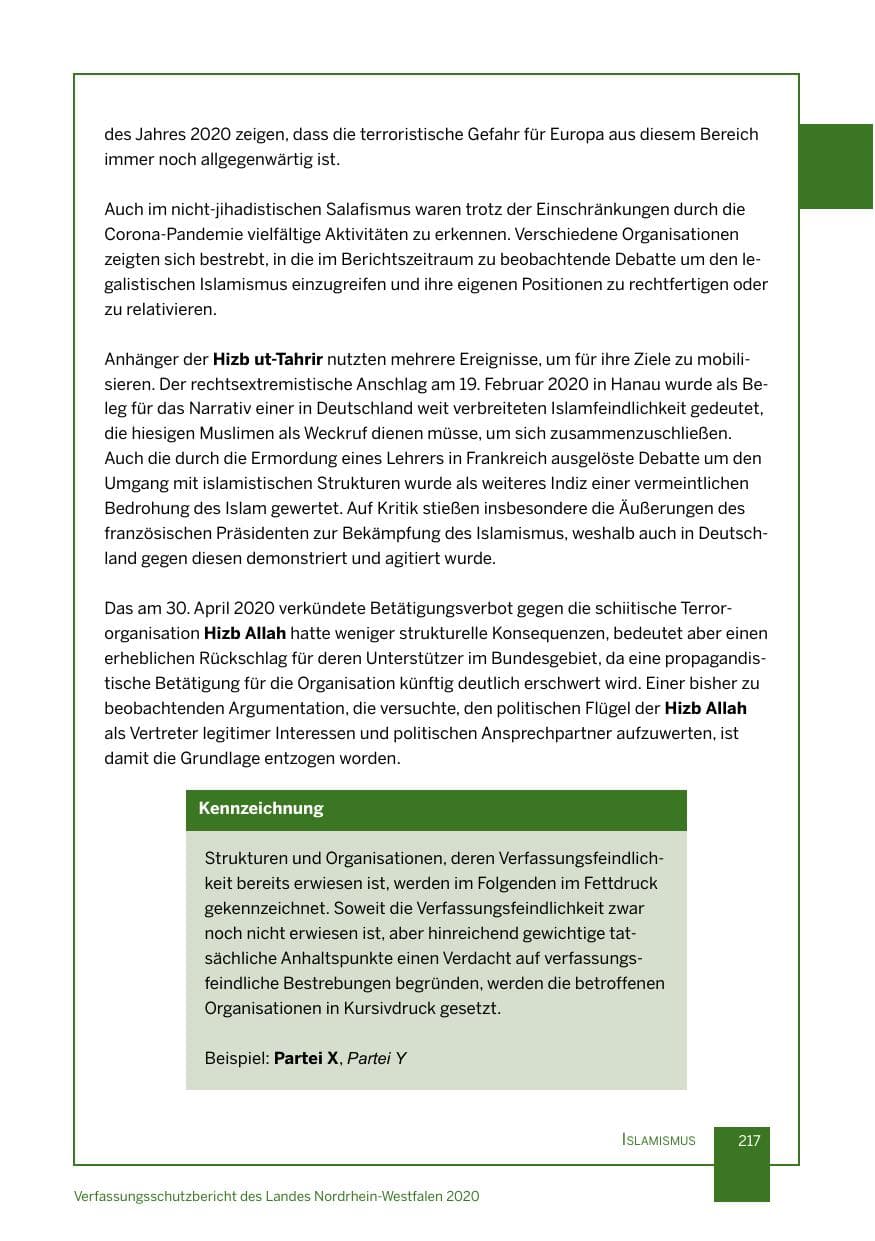 Seite 218 des Verfassungsschutzbericht 2020 Nordrhein-Westfalen