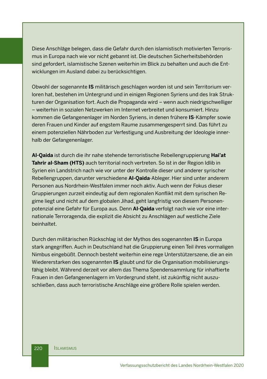 Seite 221 des Verfassungsschutzbericht 2020 Nordrhein-Westfalen
