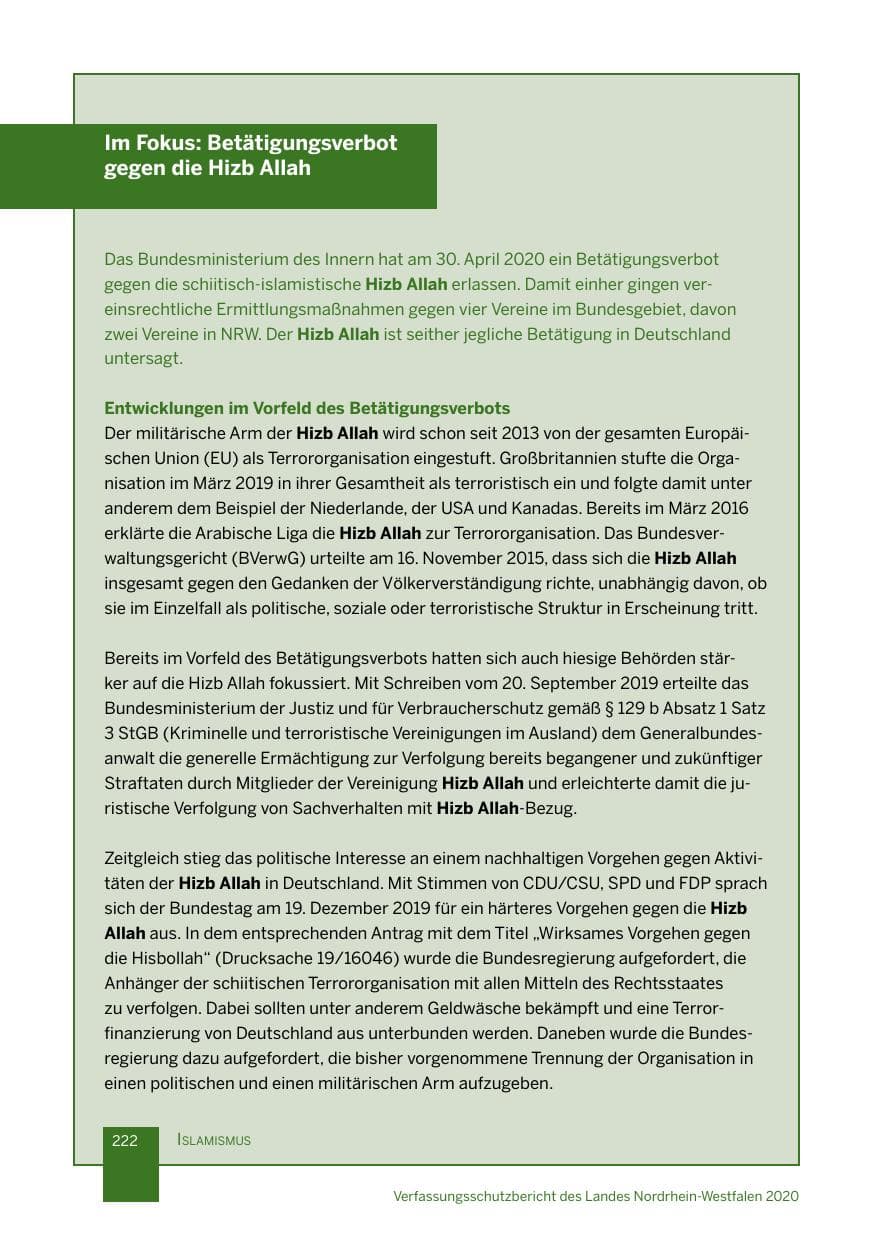 Seite 223 des Verfassungsschutzbericht 2020 Nordrhein-Westfalen