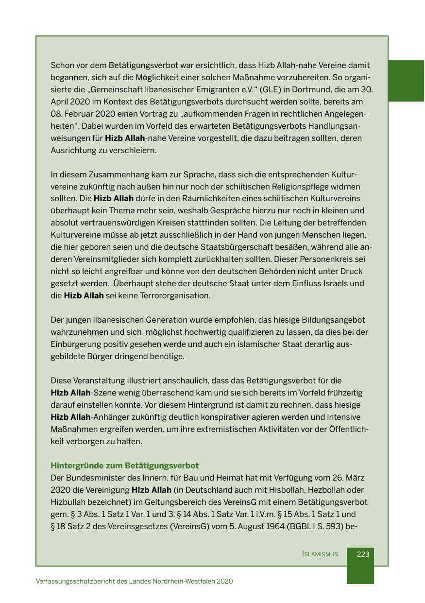 Seite 224 des Verfassungsschutzbericht 2020 Nordrhein-Westfalen