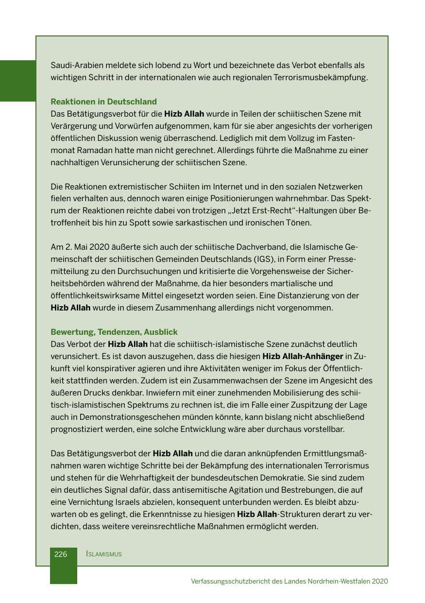 Seite 227 des Verfassungsschutzbericht 2020 Nordrhein-Westfalen