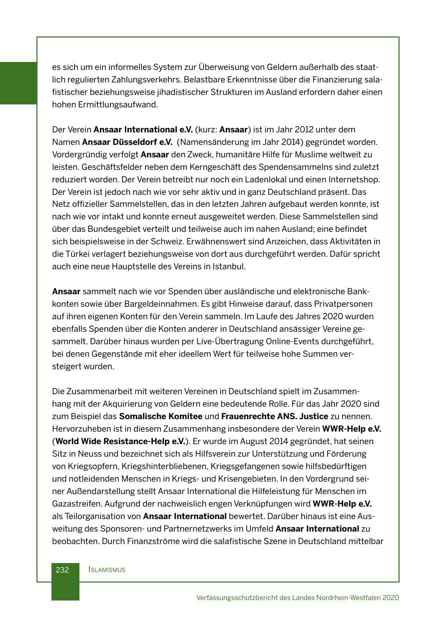 Seite 233 des Verfassungsschutzbericht 2020 Nordrhein-Westfalen