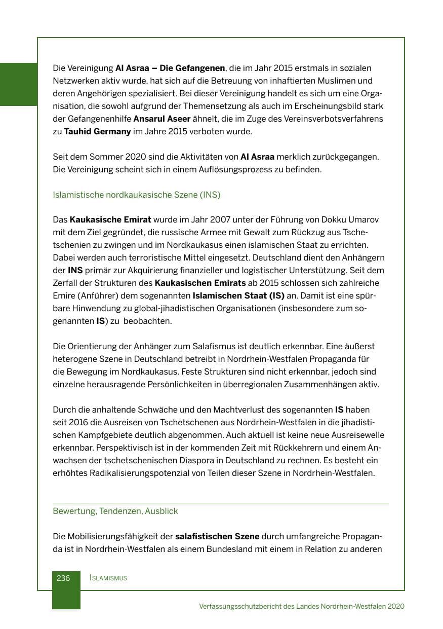 Seite 237 des Verfassungsschutzbericht 2020 Nordrhein-Westfalen