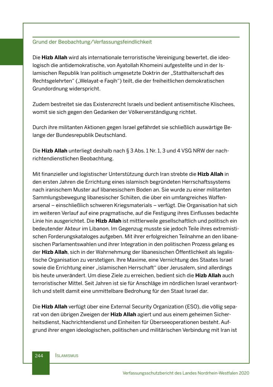 Seite 245 des Verfassungsschutzbericht 2020 Nordrhein-Westfalen