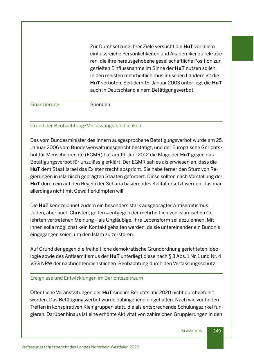 Seite 250 des Verfassungsschutzbericht 2020 Nordrhein-Westfalen