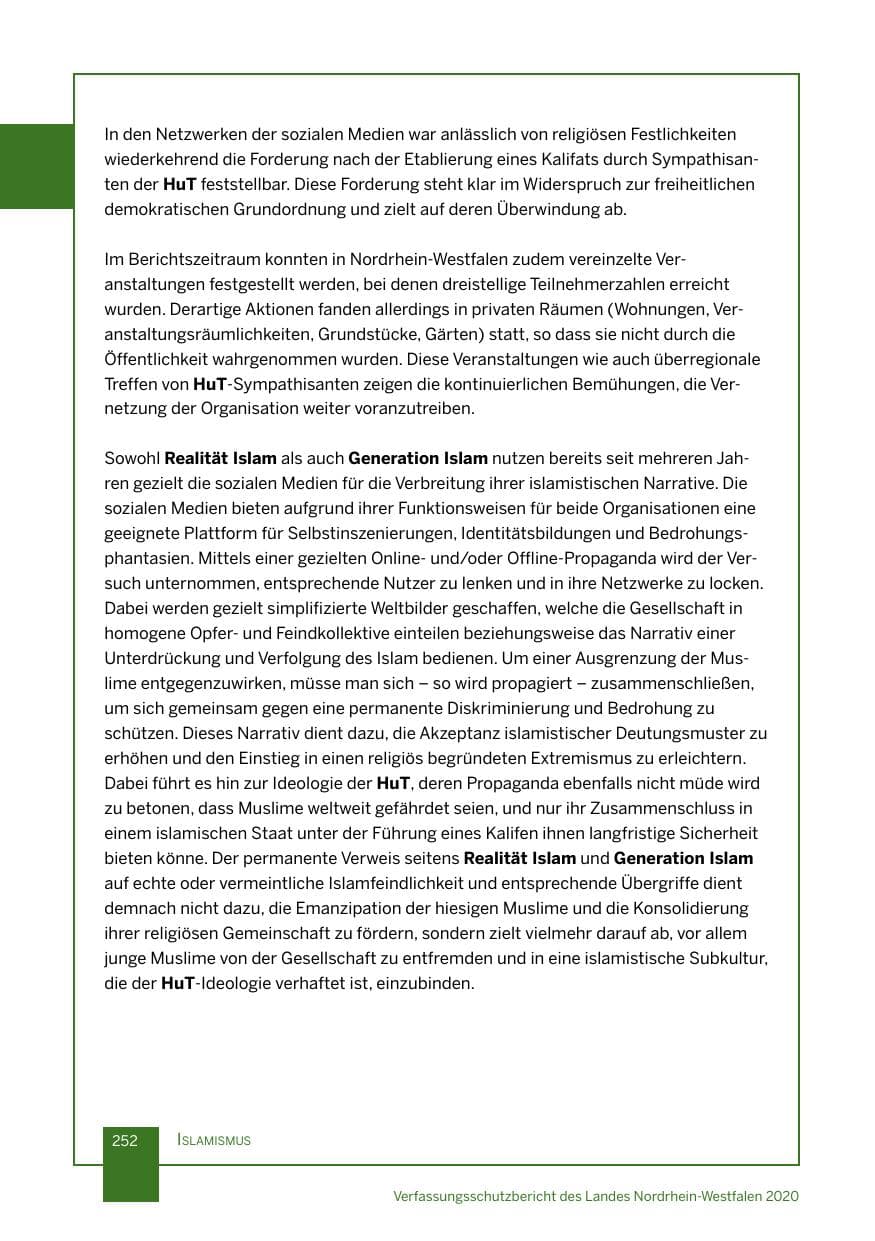 Seite 253 des Verfassungsschutzbericht 2020 Nordrhein-Westfalen