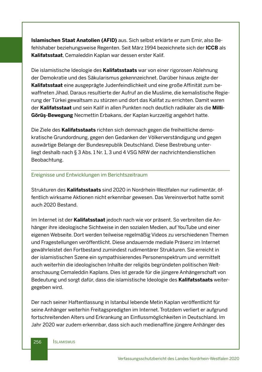 Seite 257 des Verfassungsschutzbericht 2020 Nordrhein-Westfalen