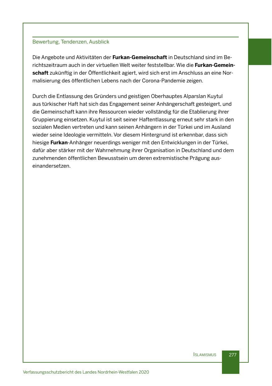 Seite 278 des Verfassungsschutzbericht 2020 Nordrhein-Westfalen