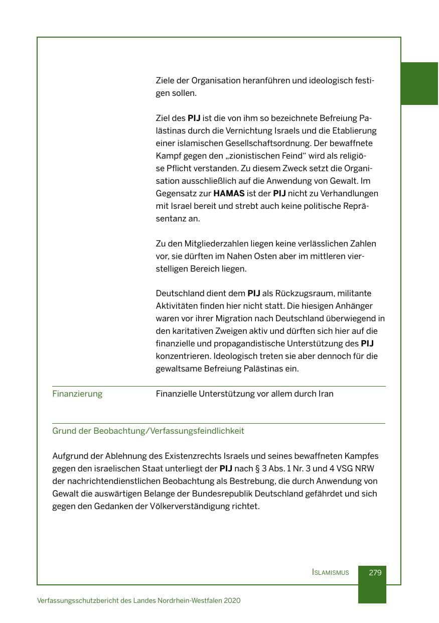 Seite 280 des Verfassungsschutzbericht 2020 Nordrhein-Westfalen