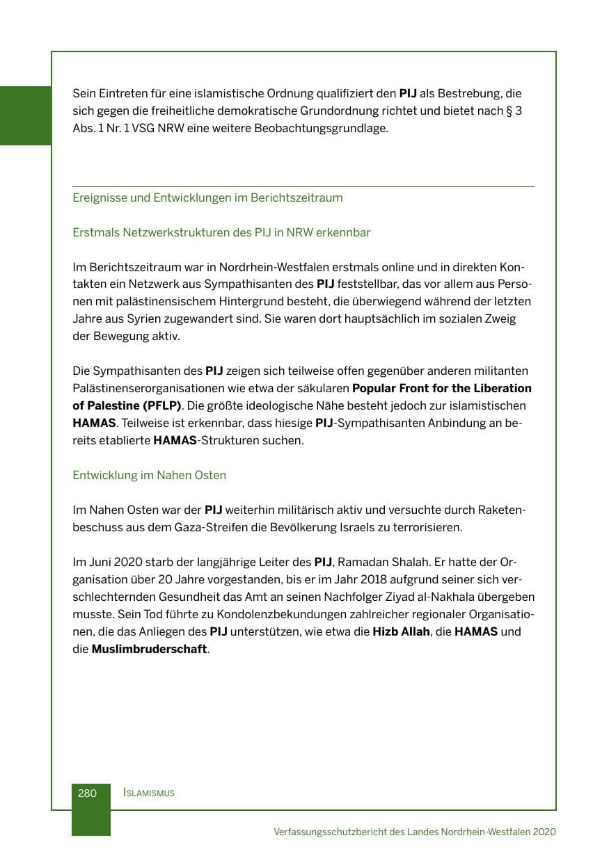 Seite 281 des Verfassungsschutzbericht 2020 Nordrhein-Westfalen