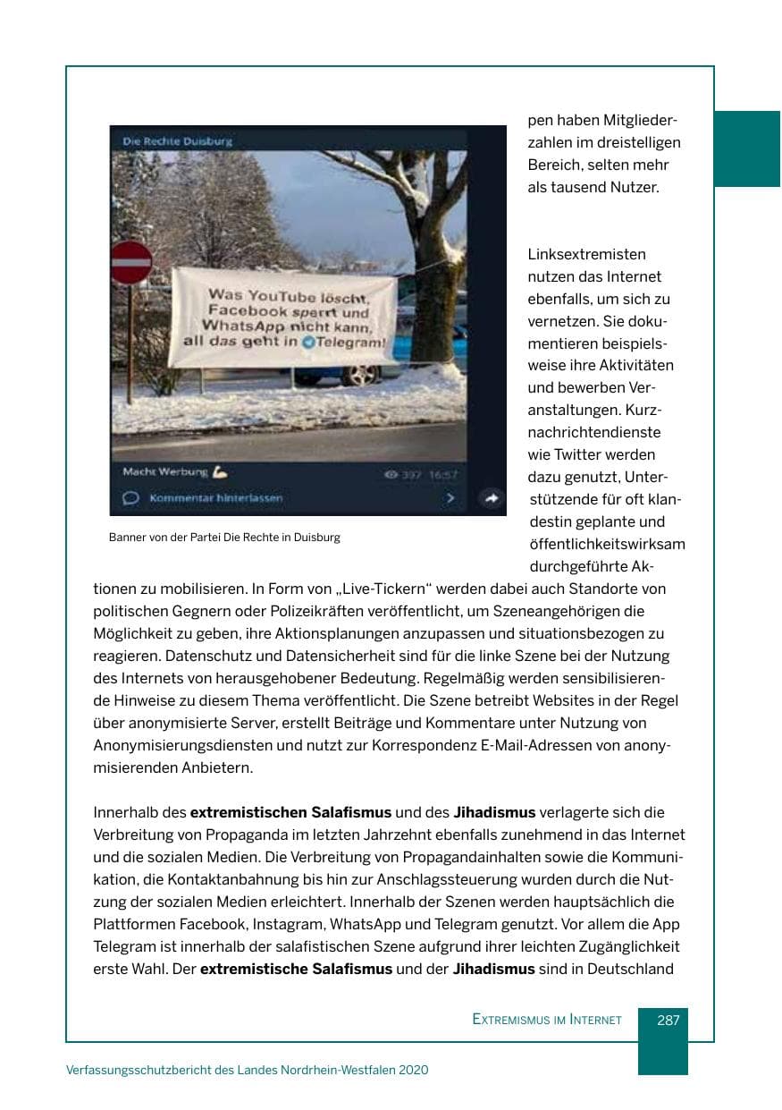 Seite 288 des Verfassungsschutzbericht 2020 Nordrhein-Westfalen