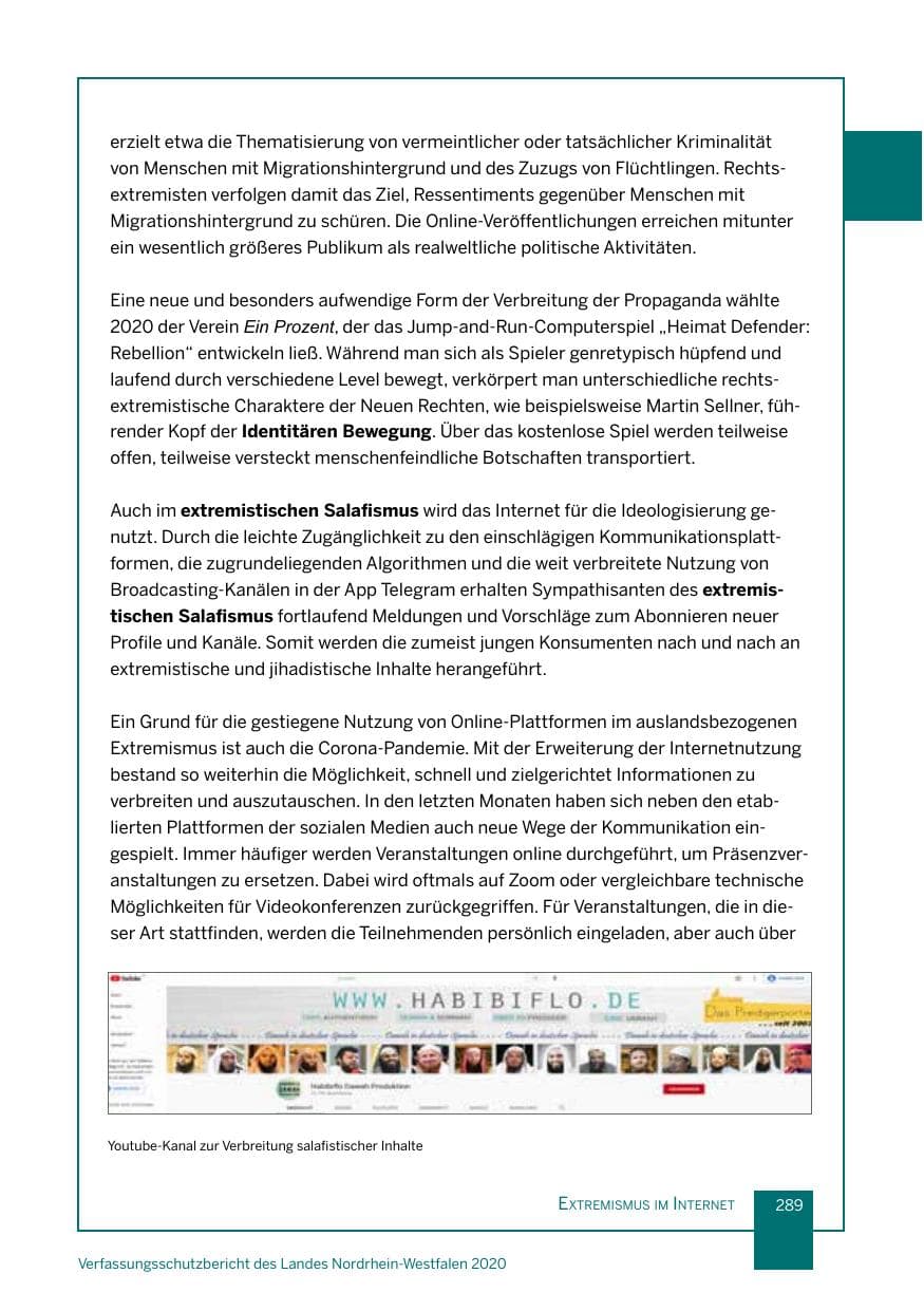 Seite 290 des Verfassungsschutzbericht 2020 Nordrhein-Westfalen