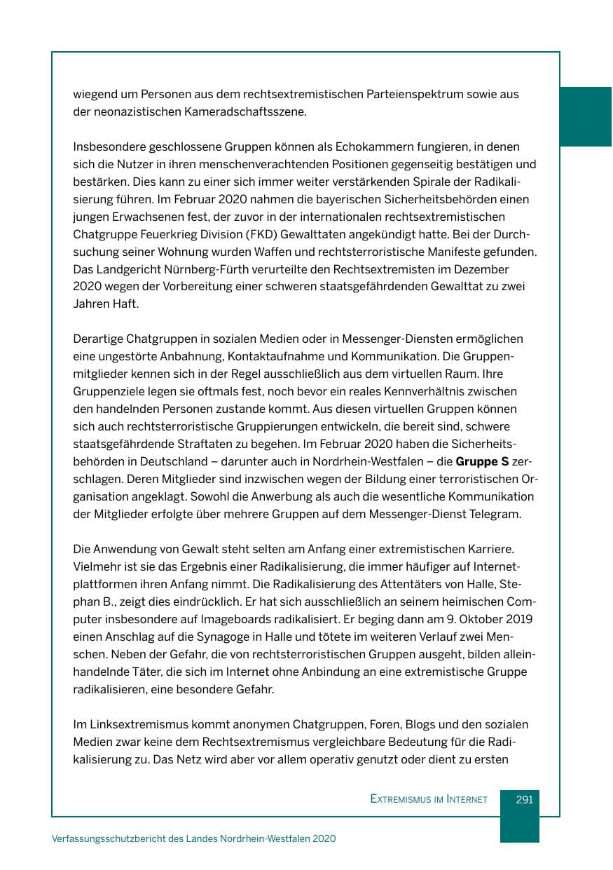 Seite 292 des Verfassungsschutzbericht 2020 Nordrhein-Westfalen