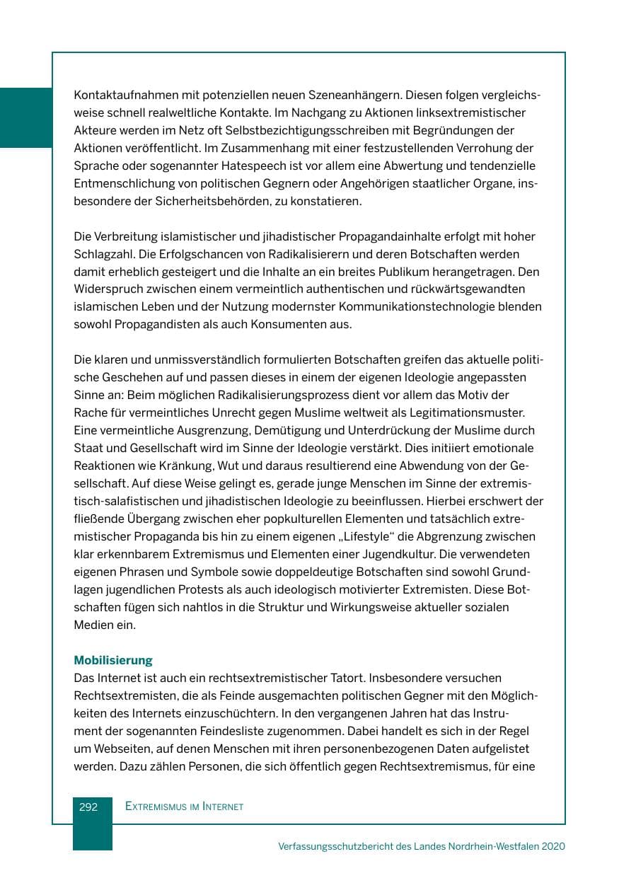 Seite 293 des Verfassungsschutzbericht 2020 Nordrhein-Westfalen