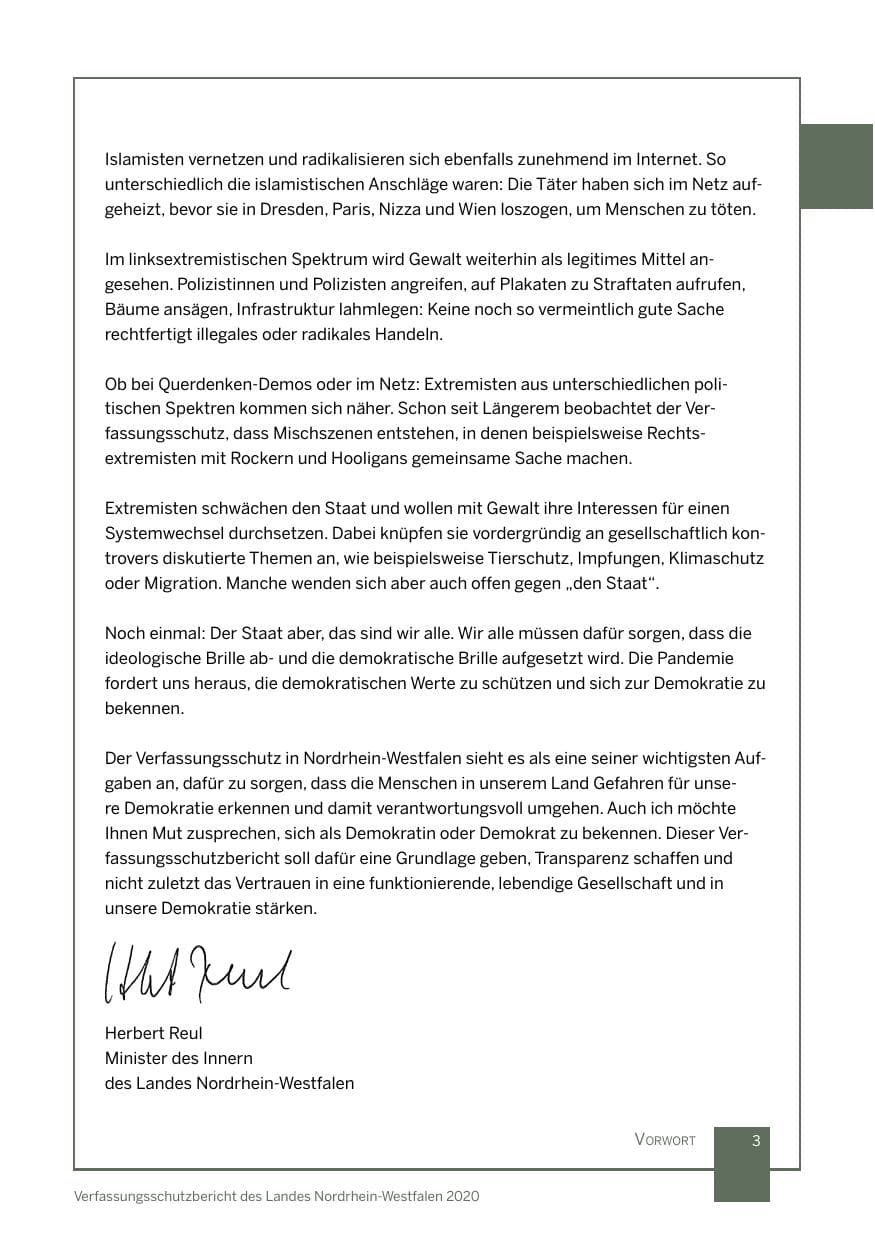 Seite 4 des Verfassungsschutzbericht 2020 Nordrhein-Westfalen