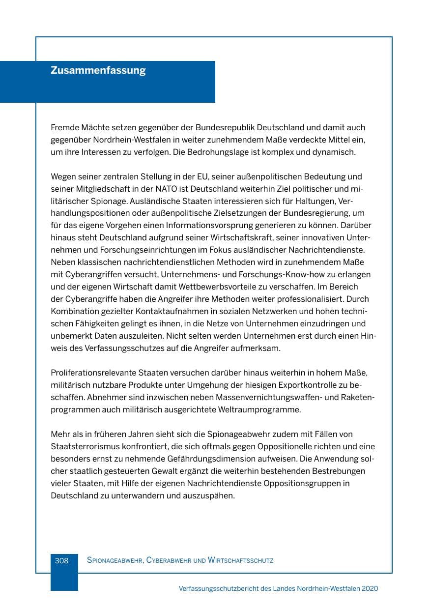 Seite 309 des Verfassungsschutzbericht 2020 Nordrhein-Westfalen