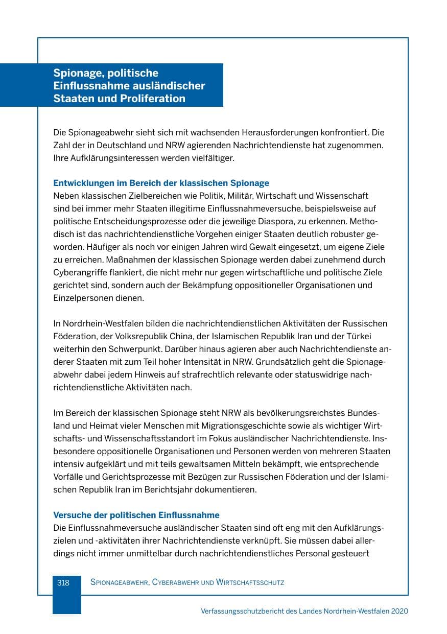Seite 319 des Verfassungsschutzbericht 2020 Nordrhein-Westfalen