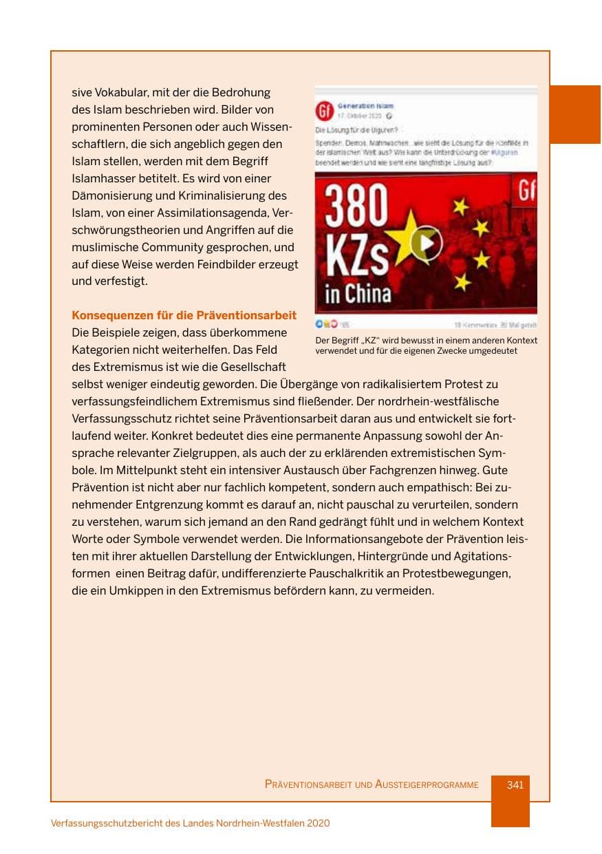 Seite 342 des Verfassungsschutzbericht 2020 Nordrhein-Westfalen