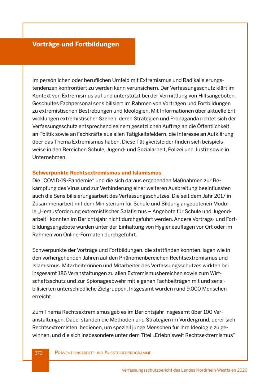 Seite 371 des Verfassungsschutzbericht 2020 Nordrhein-Westfalen