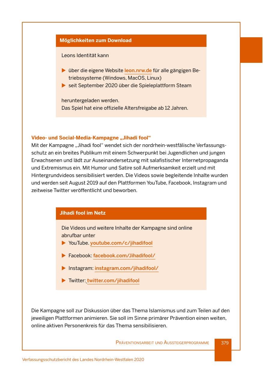 Seite 380 des Verfassungsschutzbericht 2020 Nordrhein-Westfalen