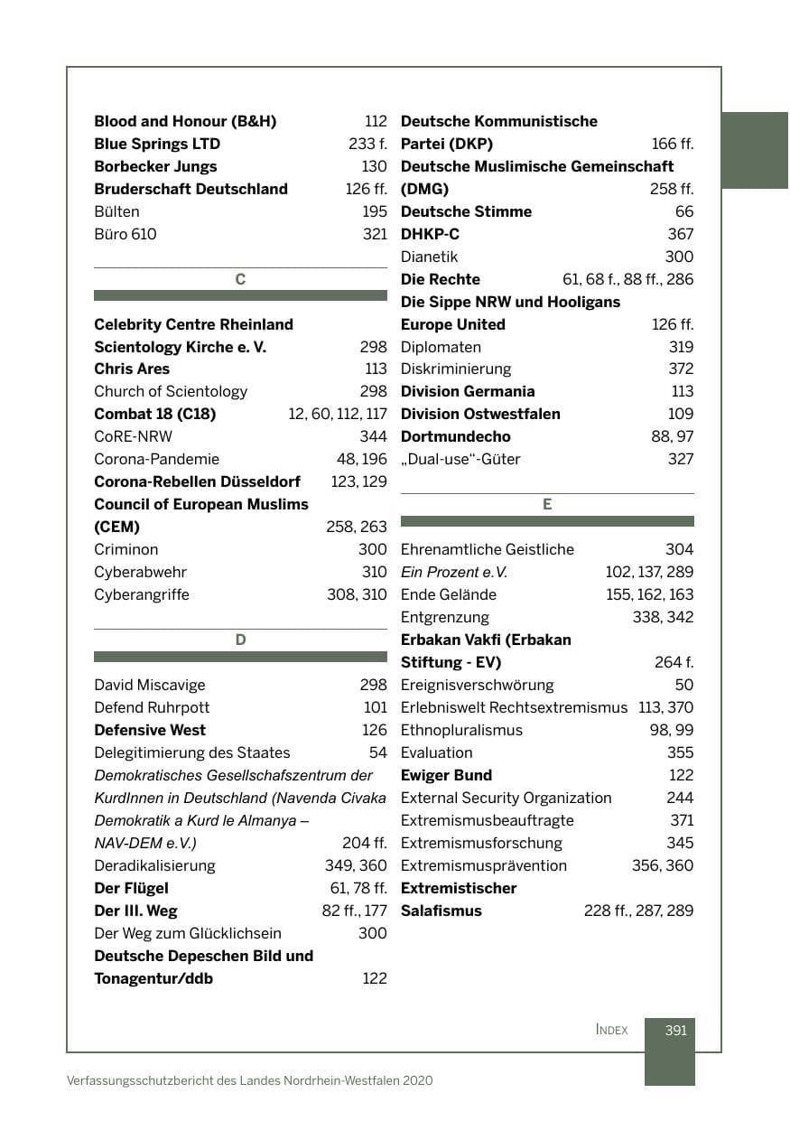 Seite 392 des Verfassungsschutzbericht 2020 Nordrhein-Westfalen