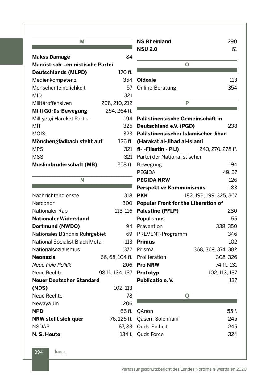 Seite 395 des Verfassungsschutzbericht 2020 Nordrhein-Westfalen