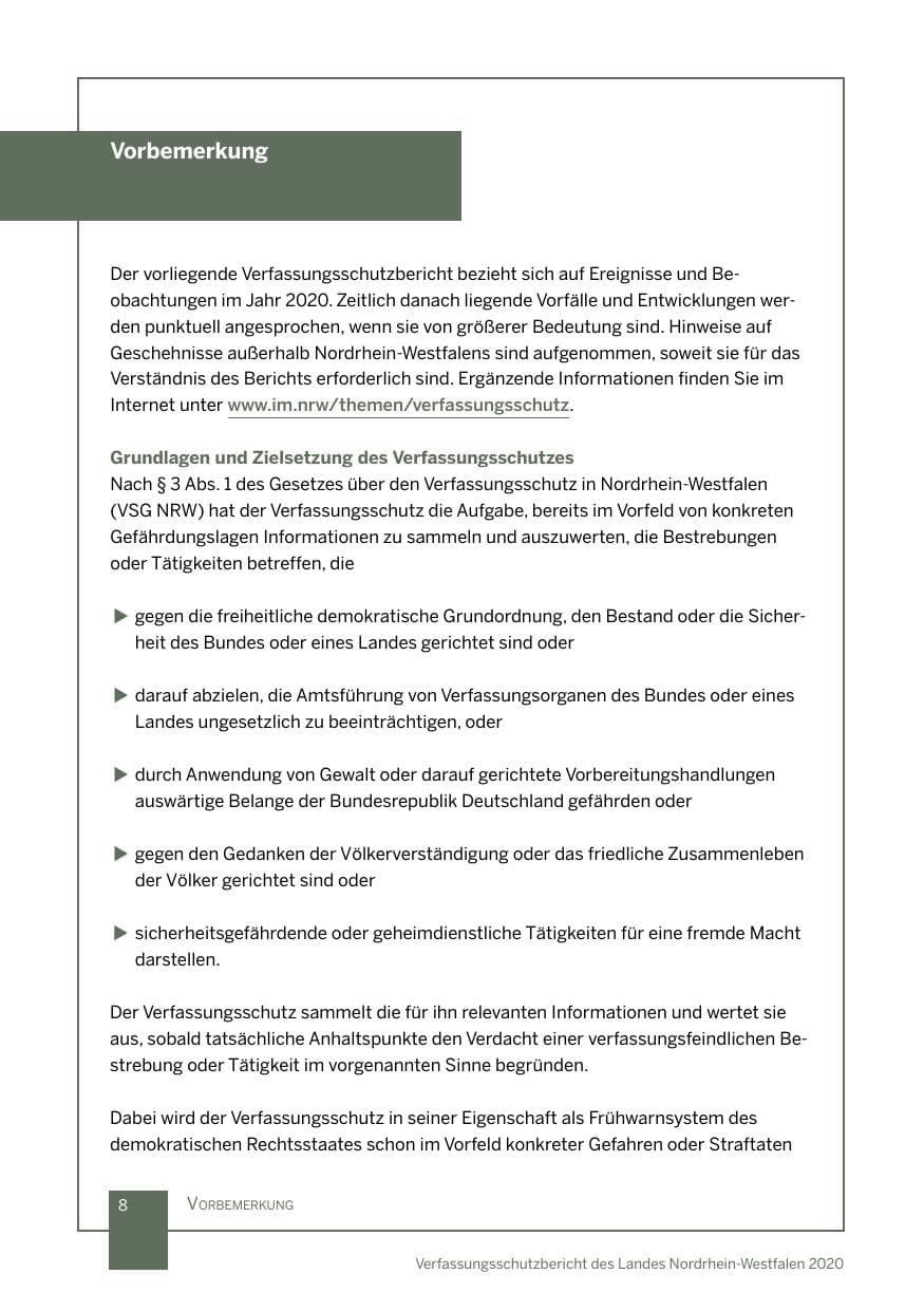 Seite 9 des Verfassungsschutzbericht 2020 Nordrhein-Westfalen