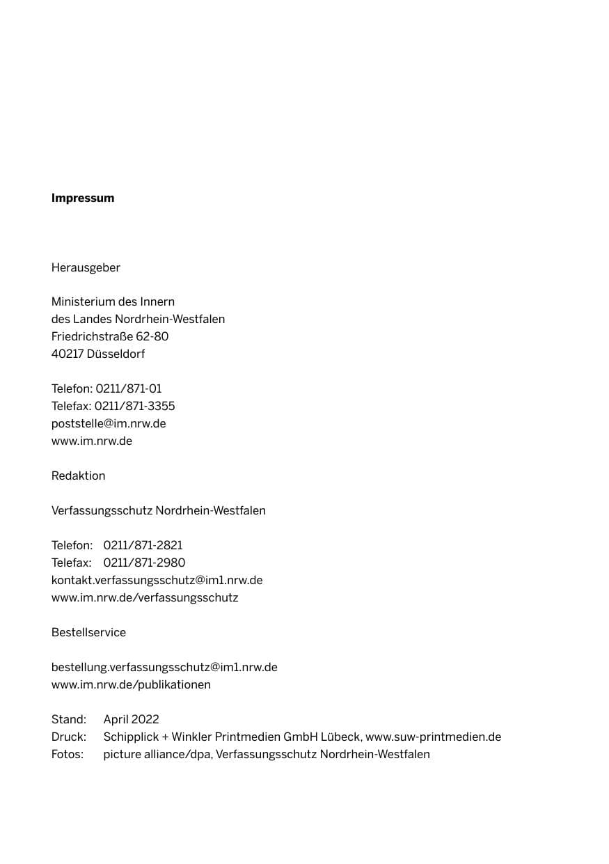Seite 2 des Verfassungsschutzbericht 2021 Nordrhein-Westfalen