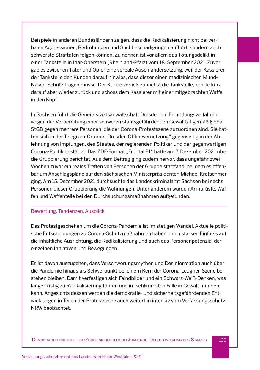 Seite 136 des Verfassungsschutzbericht 2021 Nordrhein-Westfalen