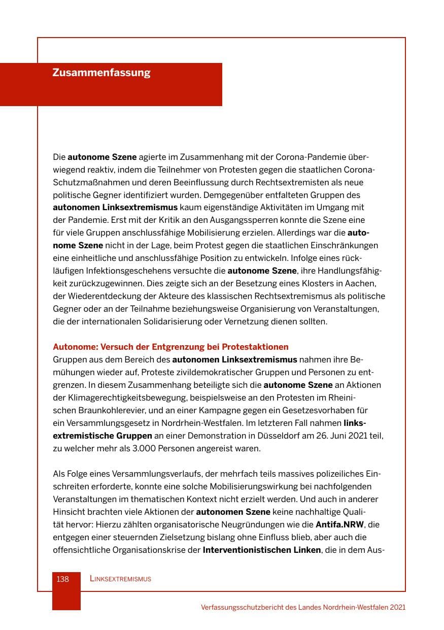 Seite 139 des Verfassungsschutzbericht 2021 Nordrhein-Westfalen