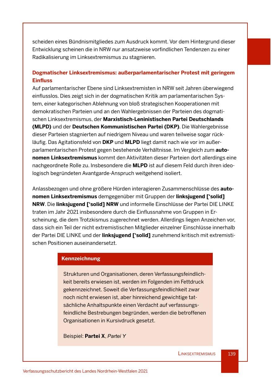 Seite 140 des Verfassungsschutzbericht 2021 Nordrhein-Westfalen