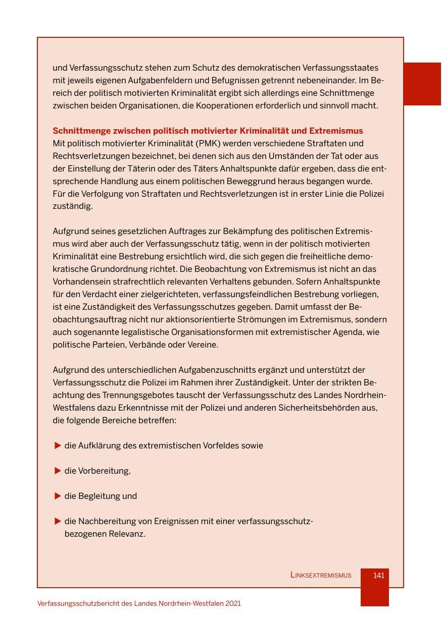 Seite 142 des Verfassungsschutzbericht 2021 Nordrhein-Westfalen