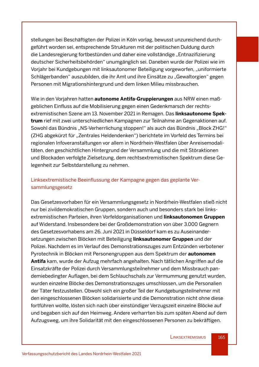 Seite 166 des Verfassungsschutzbericht 2021 Nordrhein-Westfalen