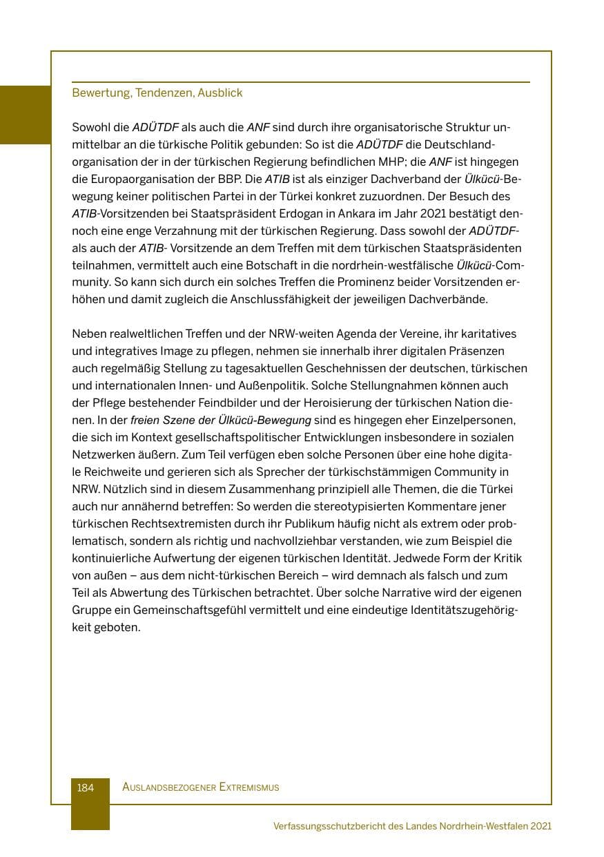 Seite 185 des Verfassungsschutzbericht 2021 Nordrhein-Westfalen