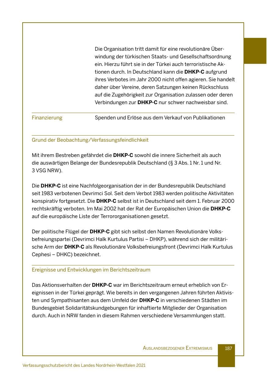 Seite 188 des Verfassungsschutzbericht 2021 Nordrhein-Westfalen