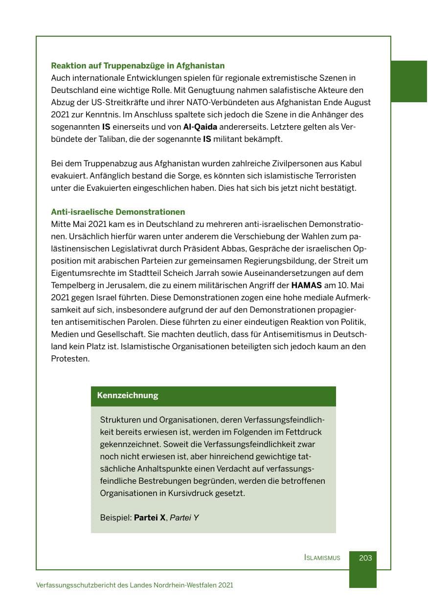 Seite 204 des Verfassungsschutzbericht 2021 Nordrhein-Westfalen