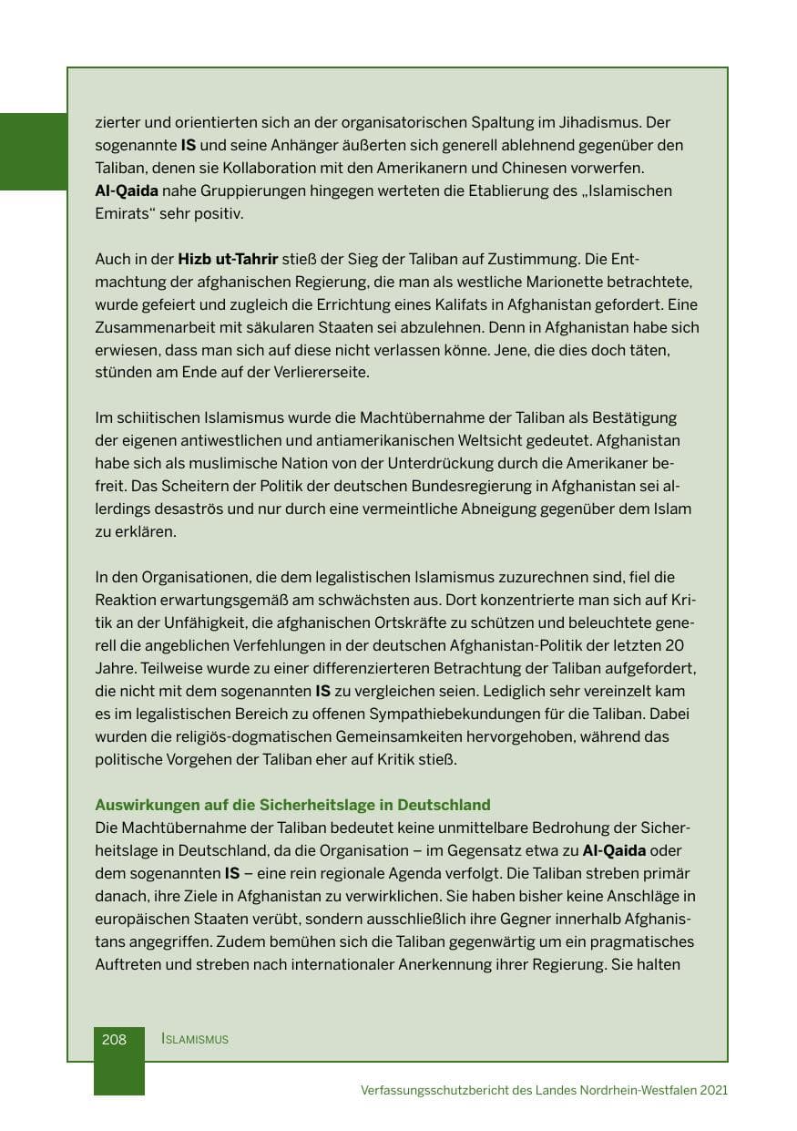Seite 209 des Verfassungsschutzbericht 2021 Nordrhein-Westfalen