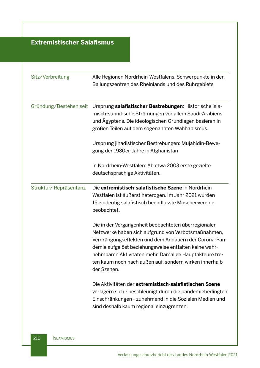 Seite 211 des Verfassungsschutzbericht 2021 Nordrhein-Westfalen