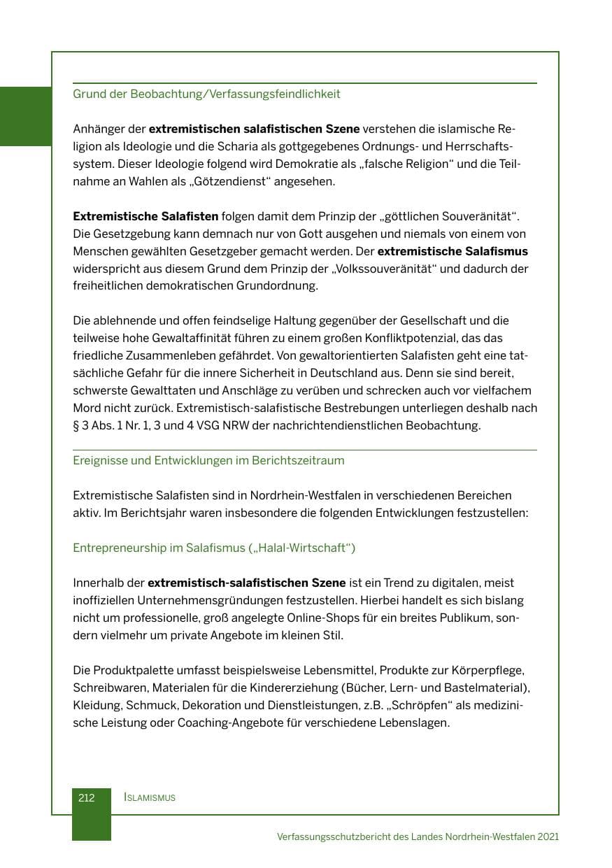 Seite 213 des Verfassungsschutzbericht 2021 Nordrhein-Westfalen