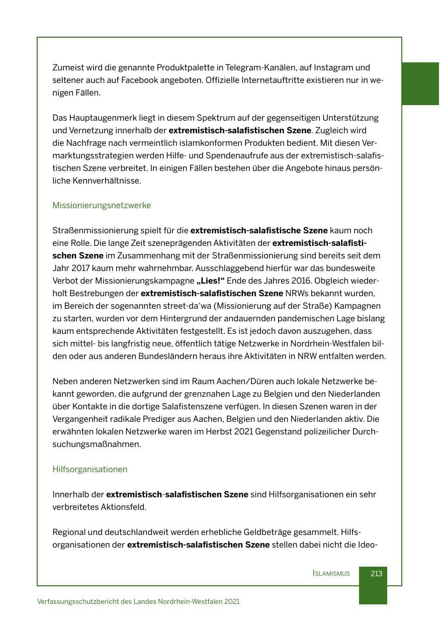 Seite 214 des Verfassungsschutzbericht 2021 Nordrhein-Westfalen