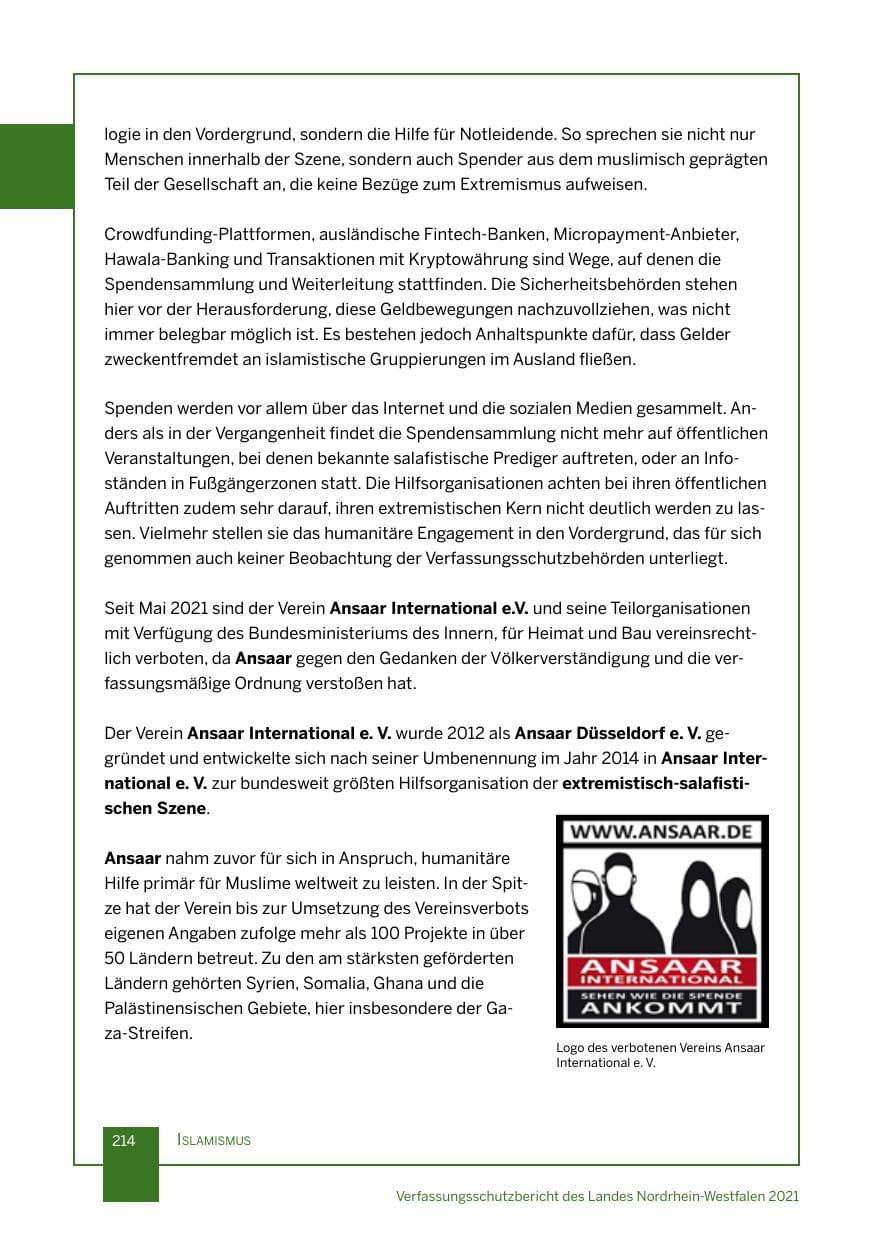 Seite 215 des Verfassungsschutzbericht 2021 Nordrhein-Westfalen