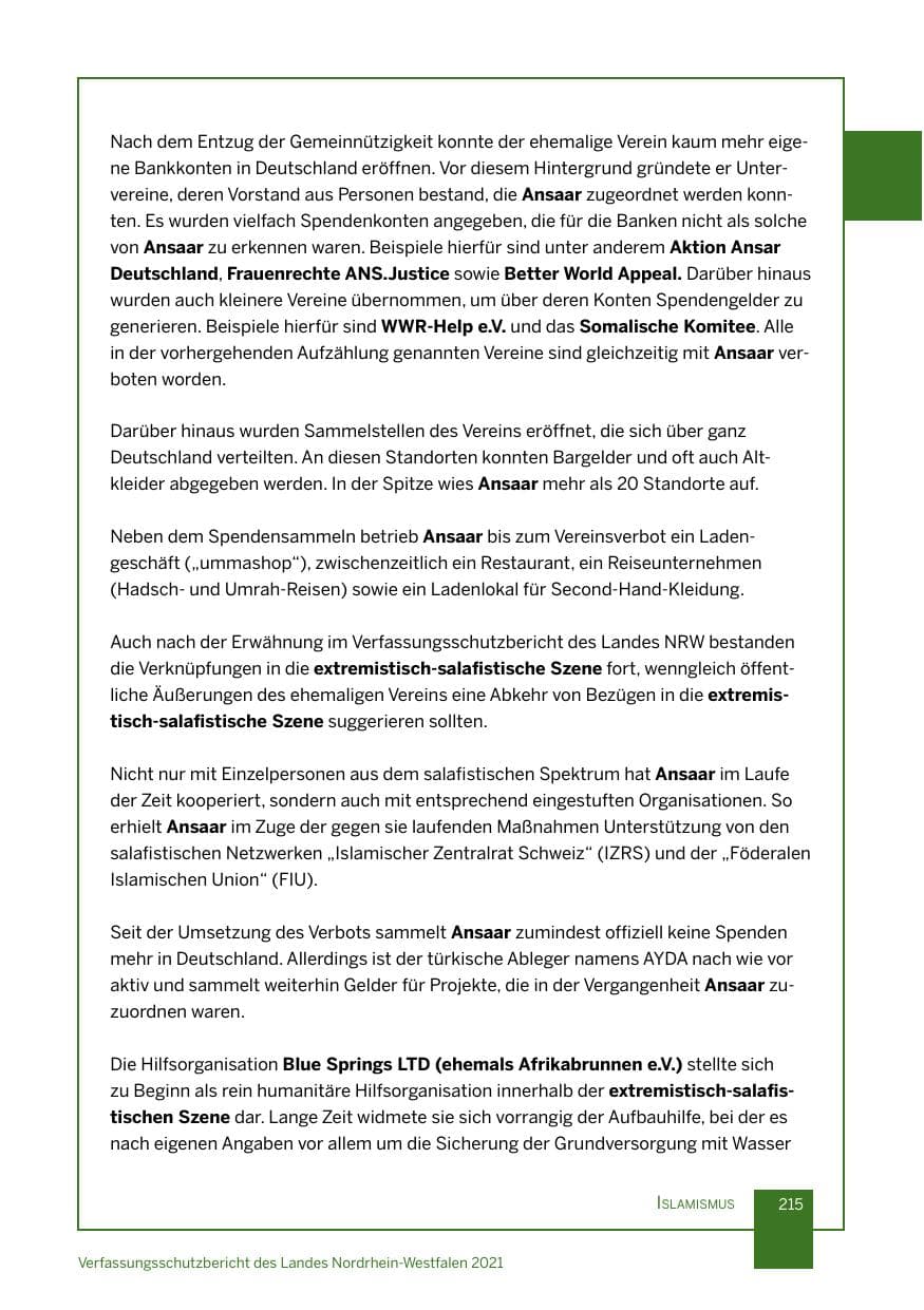 Seite 216 des Verfassungsschutzbericht 2021 Nordrhein-Westfalen
